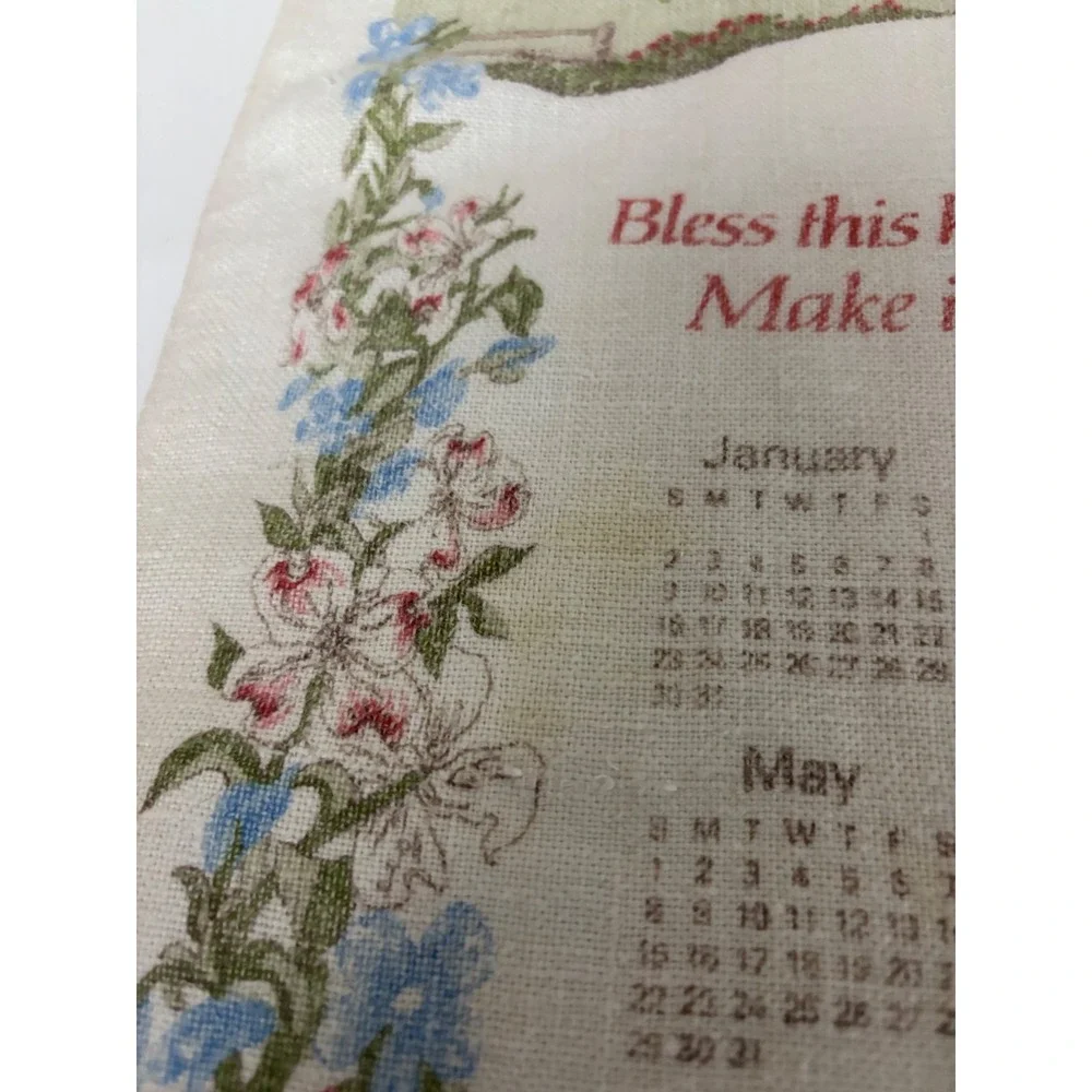 Vintage 183 Linen Calendar Tea Towel Floral Blue Red Mid Century Kitchen Decor